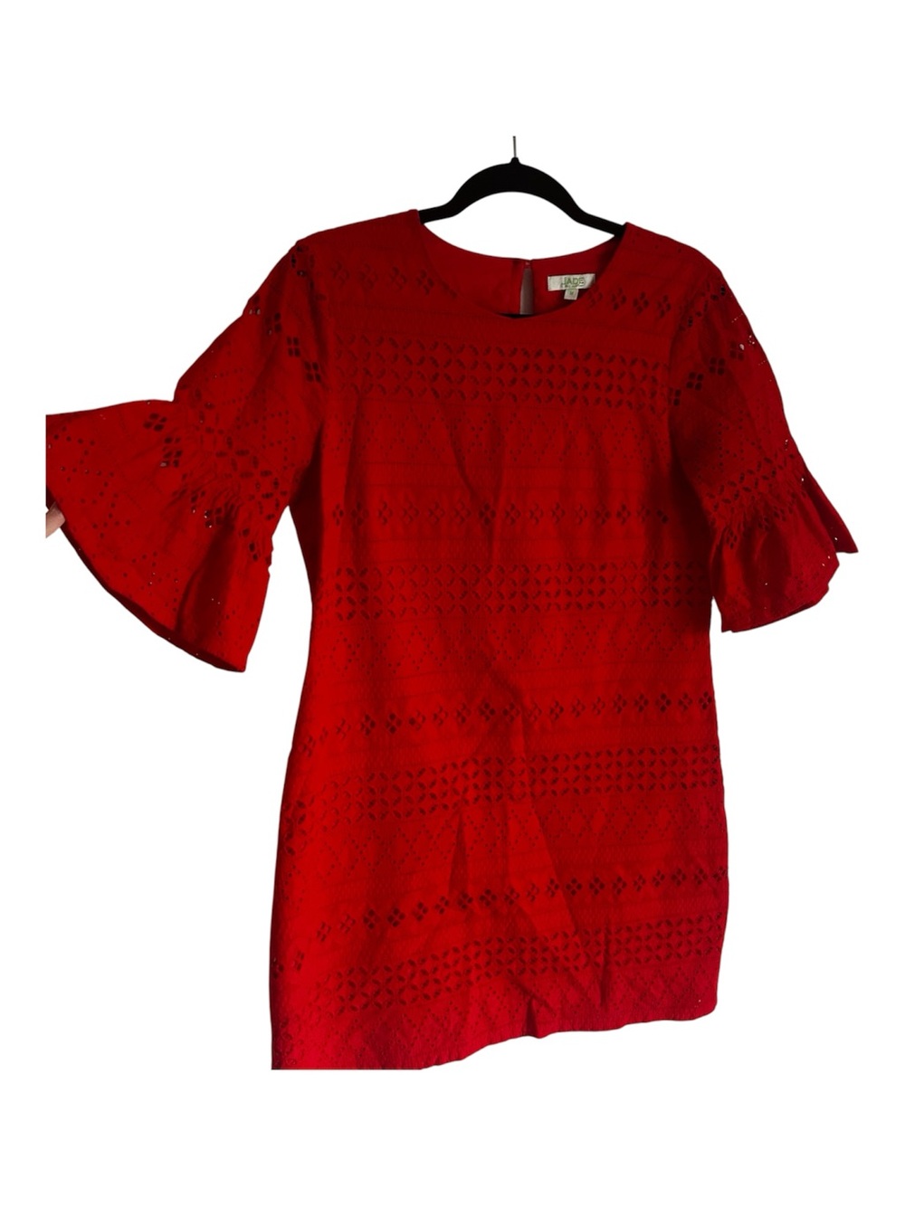 Jade Melody Tam Coral Red Eyelet Lace Overlay Dress Flare Sleeve Medium Vguc